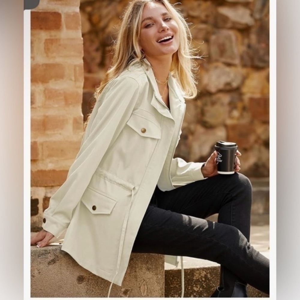 MEROKEETY  Military Jacket Zip Up Utility Drawstring Waist Anorak Coat Pockets L